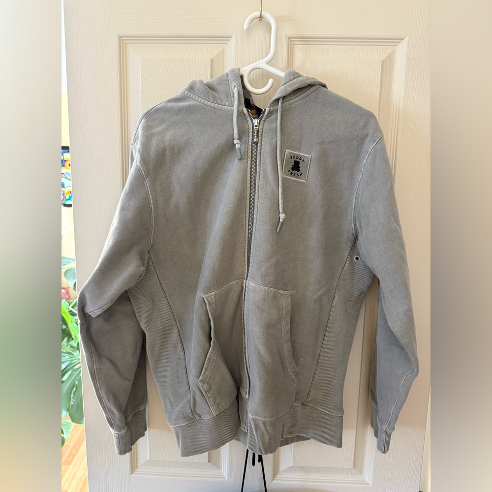 Teddy Fresh Light Grey Zip-Up Hoodie with Embroidered Bear Patch